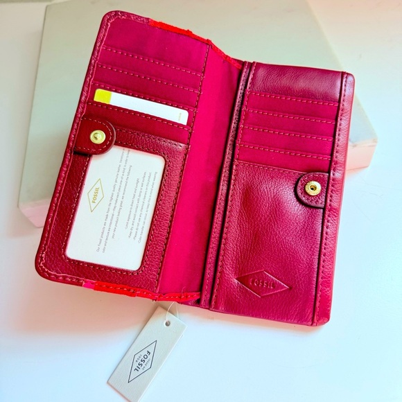NWT Fossil RFID Preston Zip Clutch Wallet Midnight Crimson - Picture 6 of 9